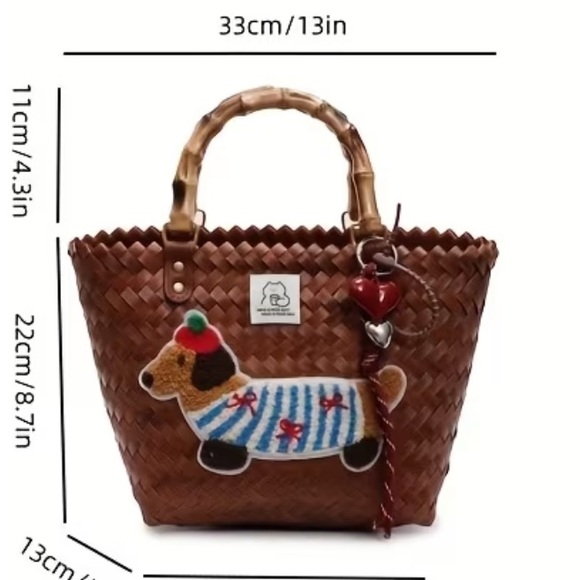 Brown Woven Tote Bag with Dog Patch - Picture 2 of 4